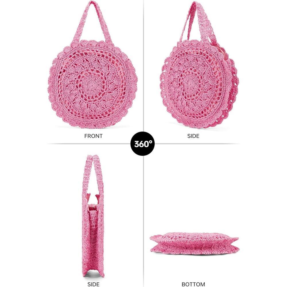 Pink Boho Handmade Woven Straw Bag Chic, Beach Tote, Lightweight & Trendy Spring - Picture 3 of 6
